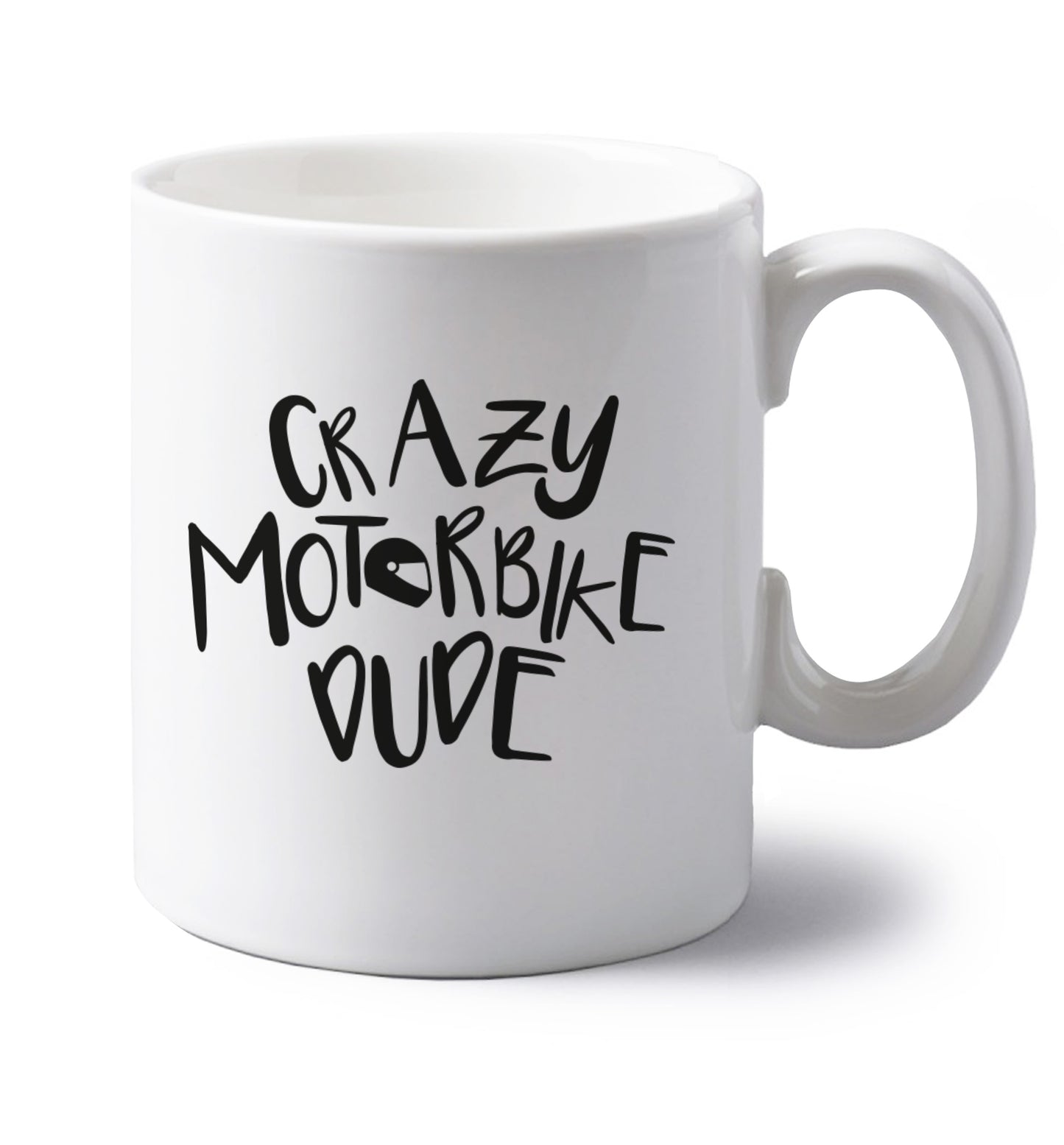 Crazy motorbike dude left handed white ceramic mug
