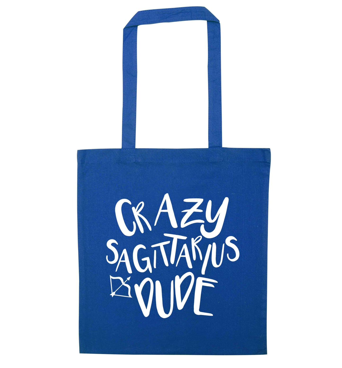 Crazy sagittarius dude blue tote bag