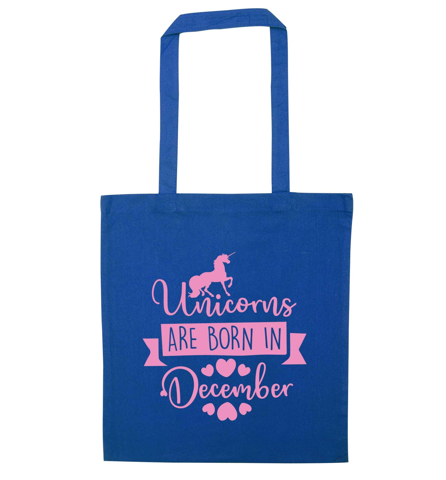 Unicorns are born in December blue tote bag