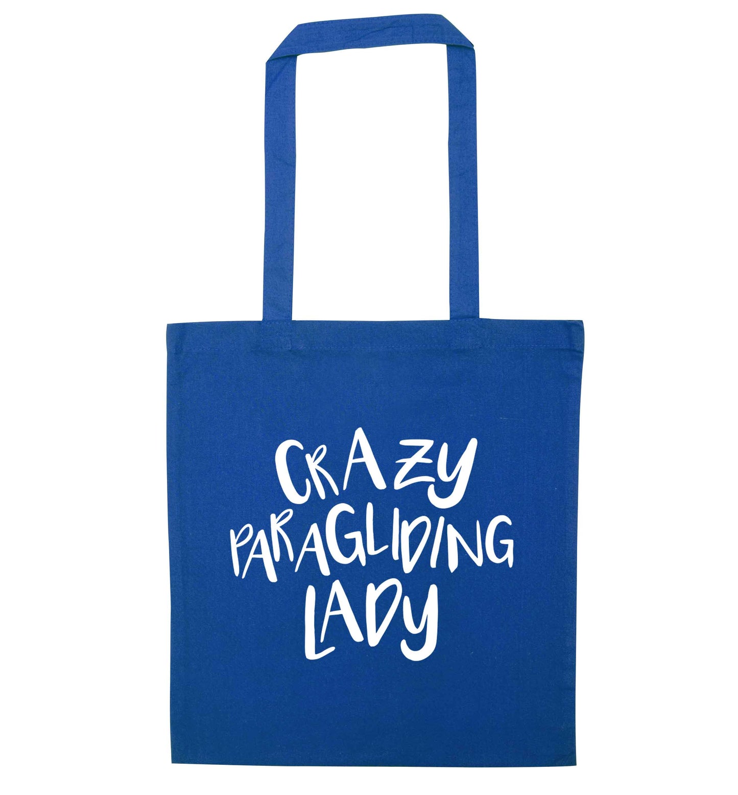 Crazy paragliding lady blue tote bag
