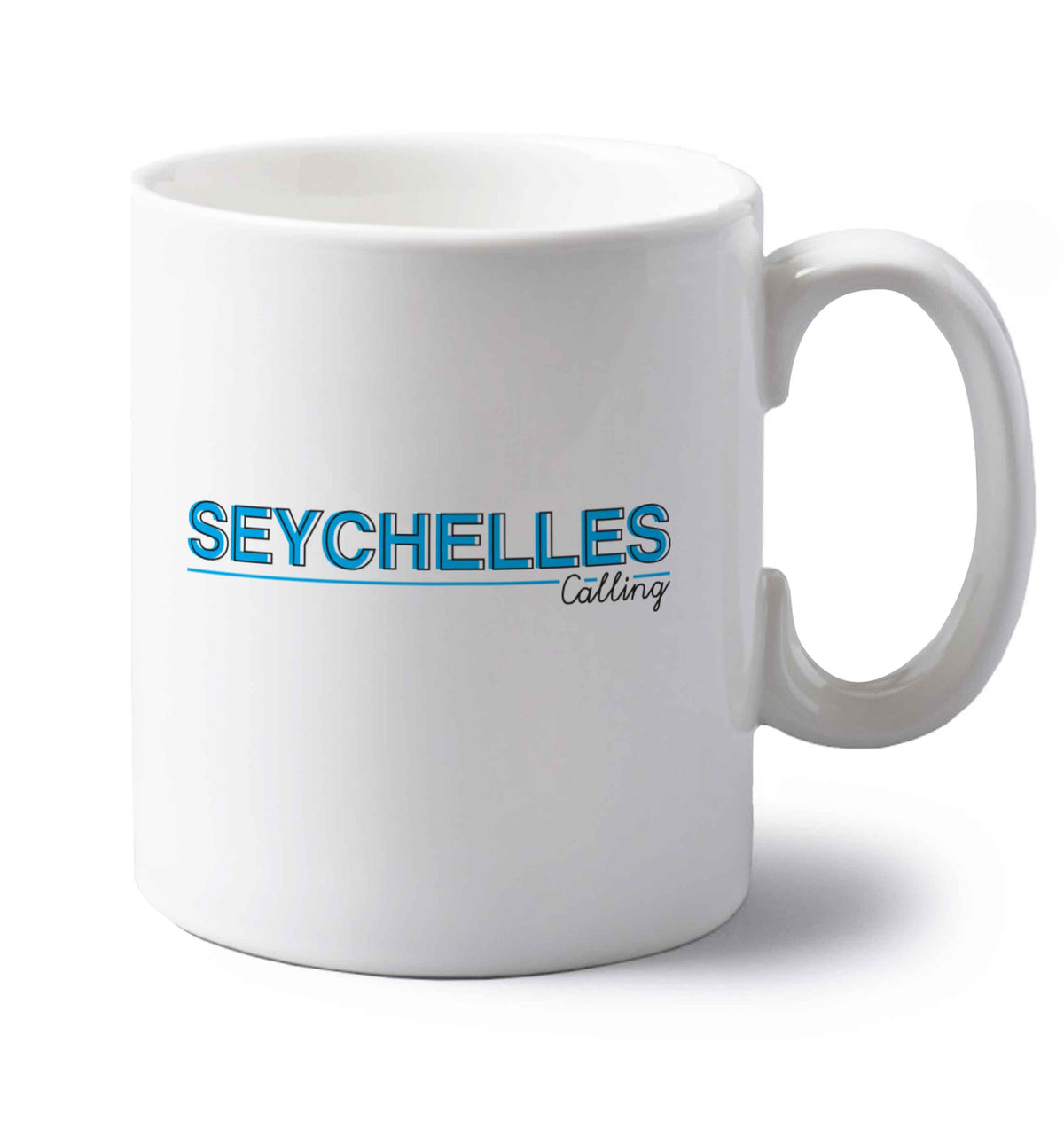 Seychelles calling left handed white ceramic mug