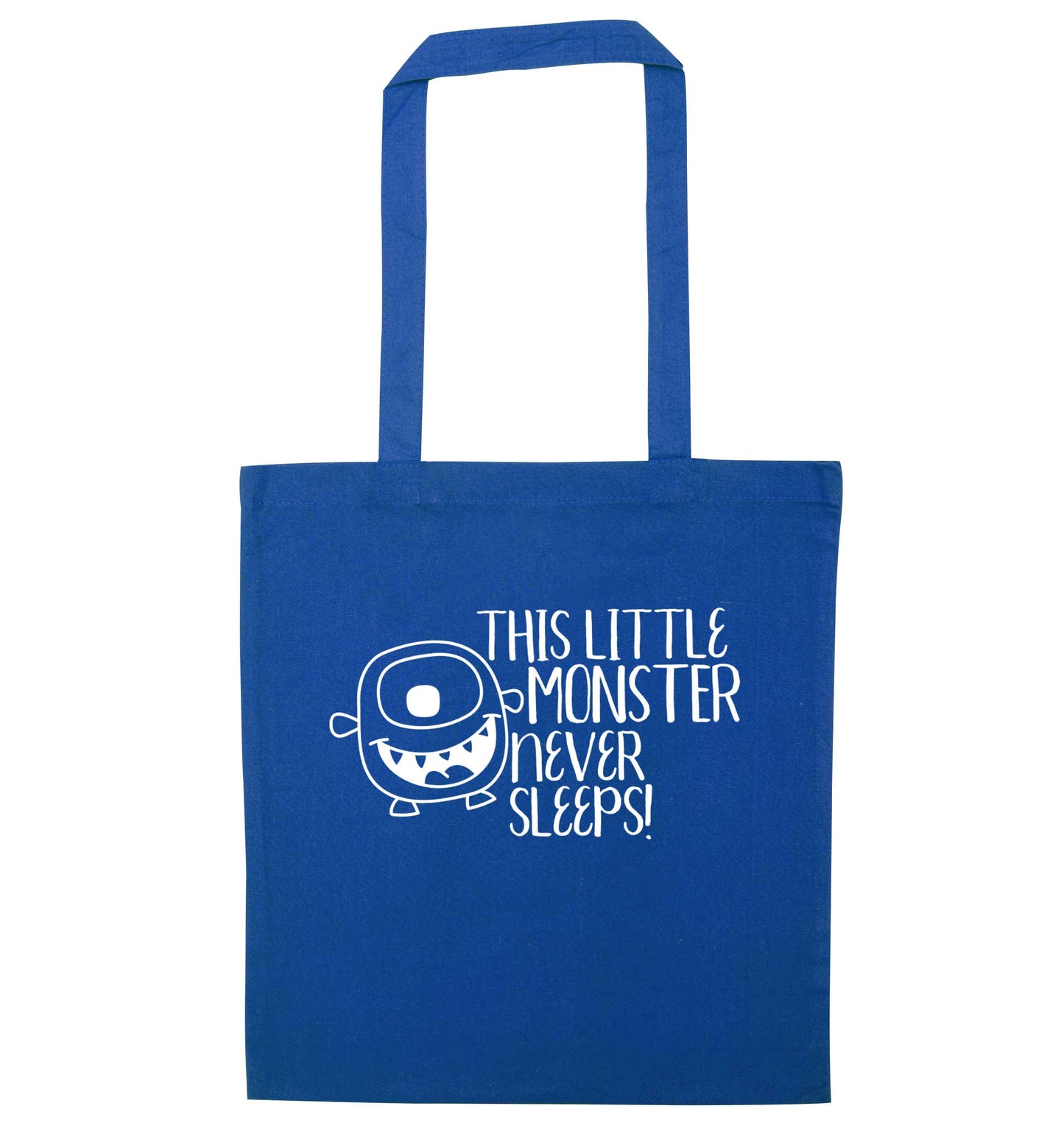 This little monster never sleeps blue tote bag