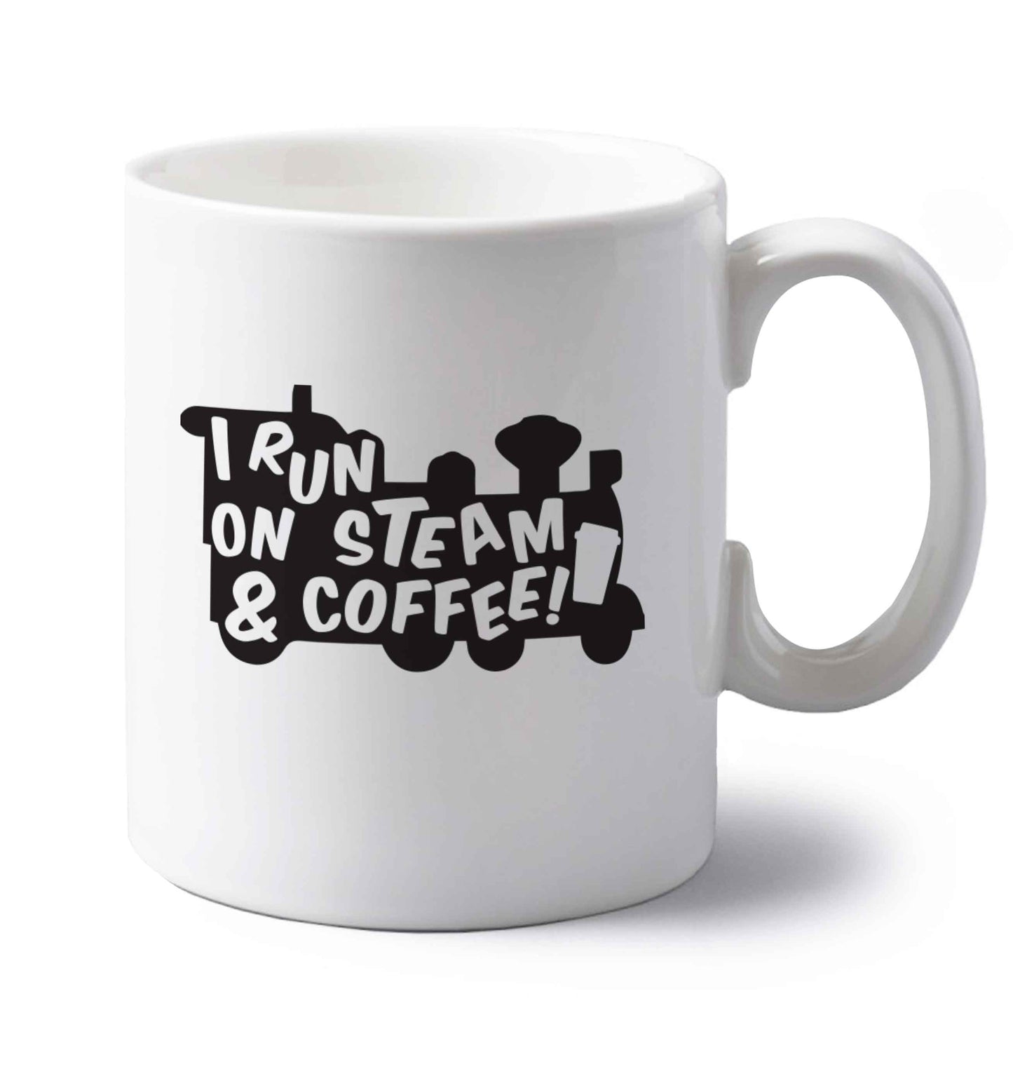 I run on steam and coffee left handed white ceramic mug