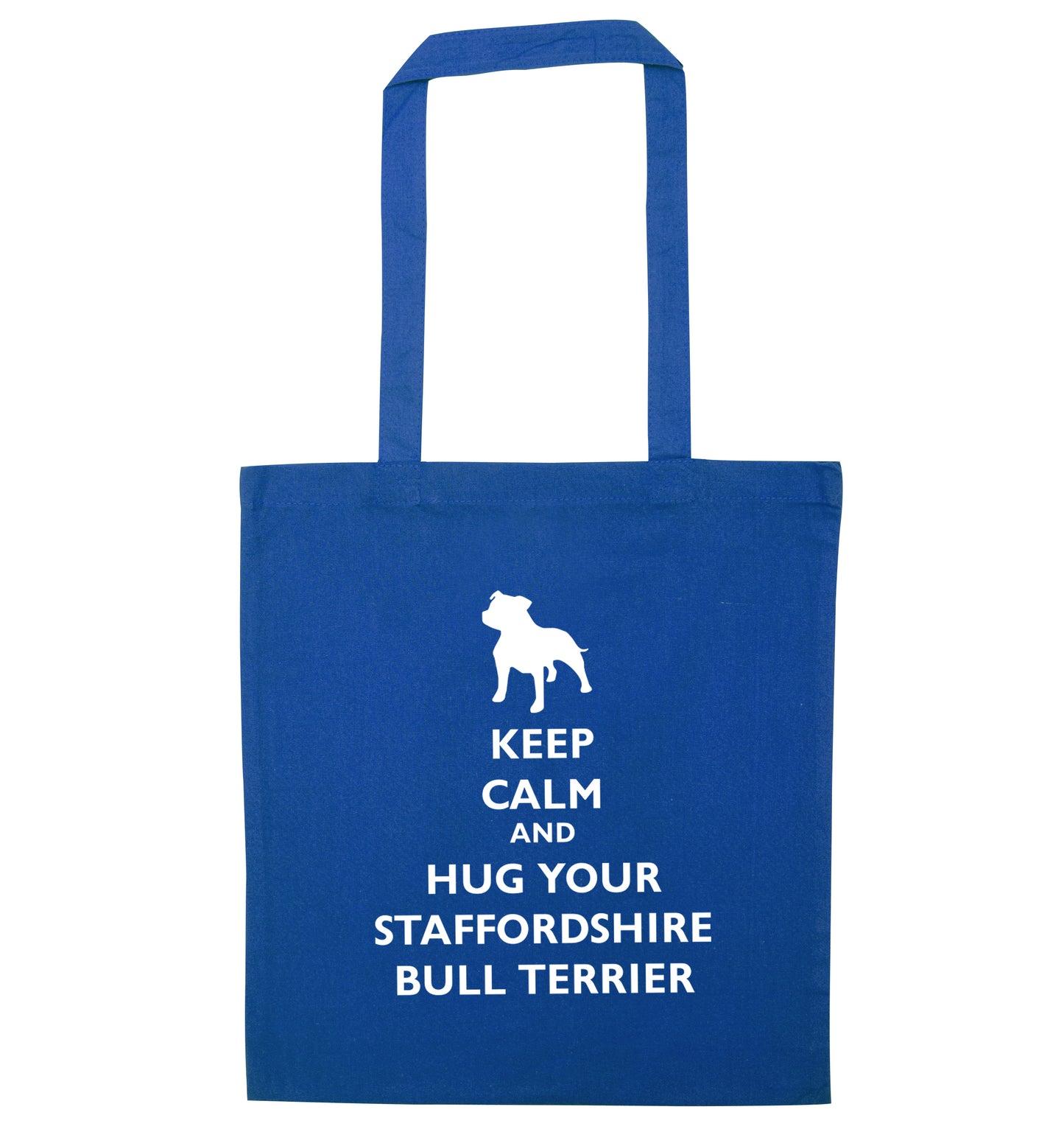 Keep calm and hug your bull terrier blue tote bag