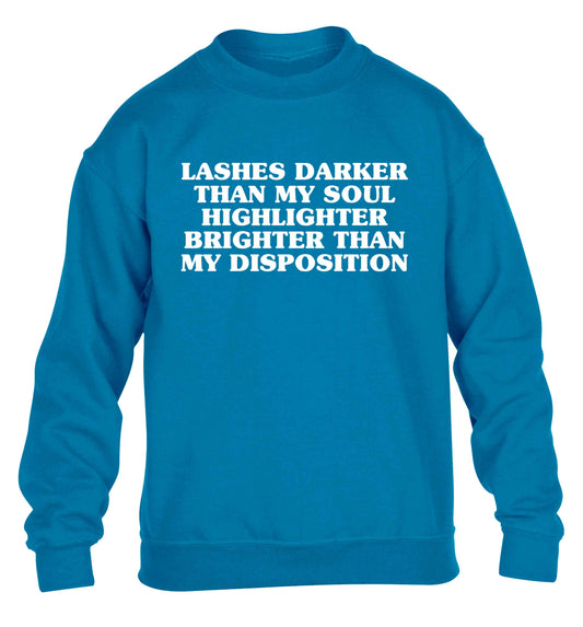 Lashes darker than my soul, highlighter brighter than my disposition children's blue sweater 12-13 Years