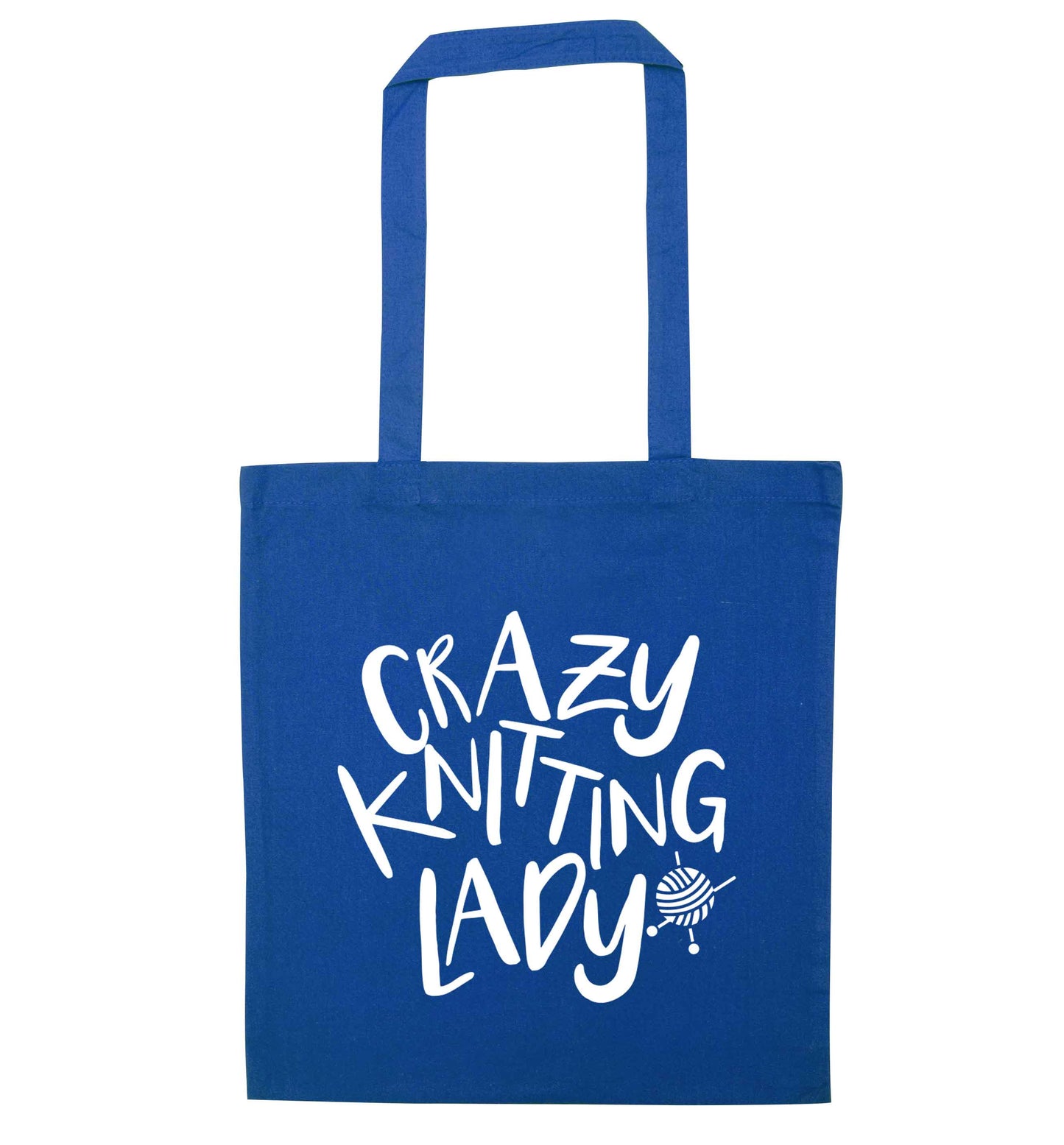 Crazy knitting lady blue tote bag