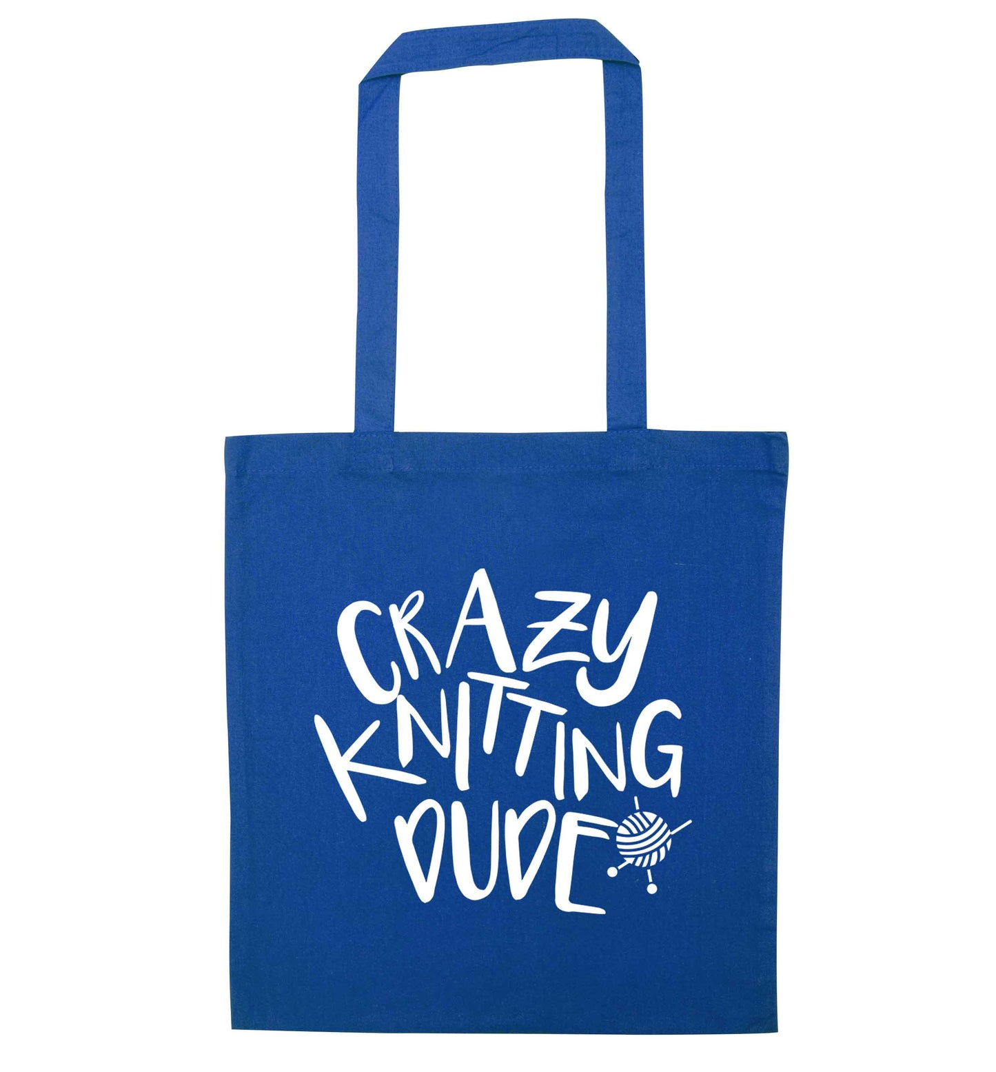Crazy knitting dude blue tote bag