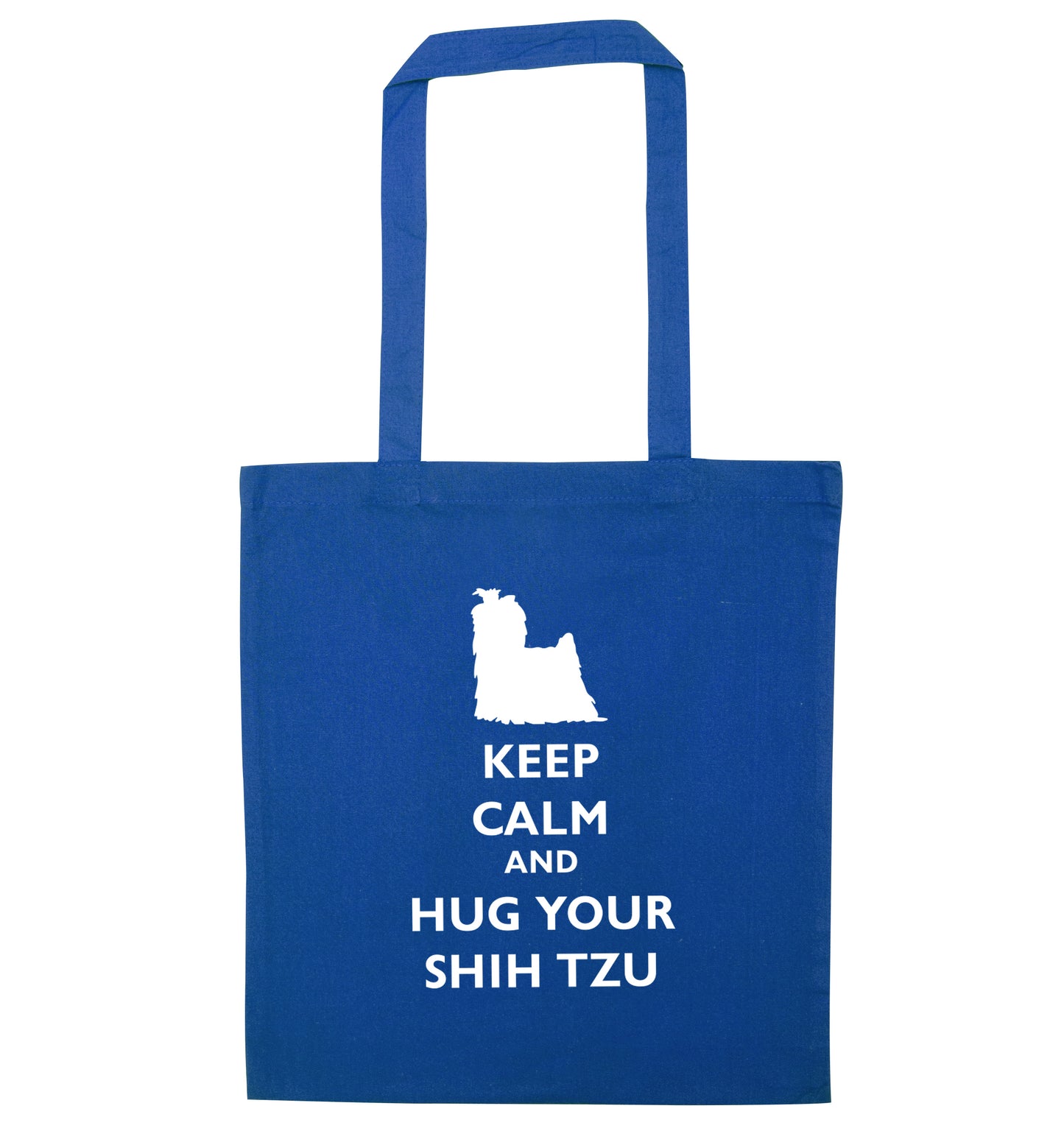 Keep calm and hug your shih tzu blue tote bag