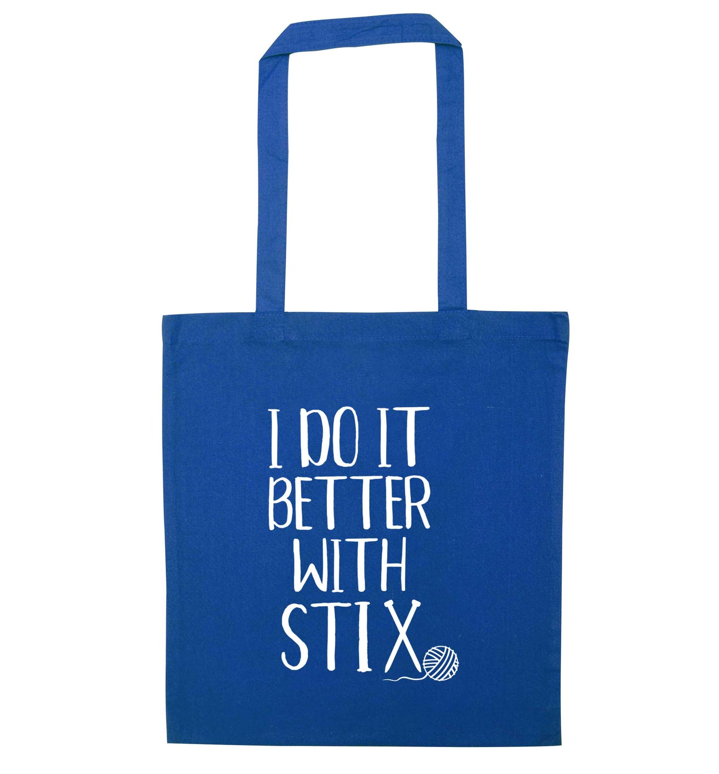 I do it better with stix (knitting) blue tote bag