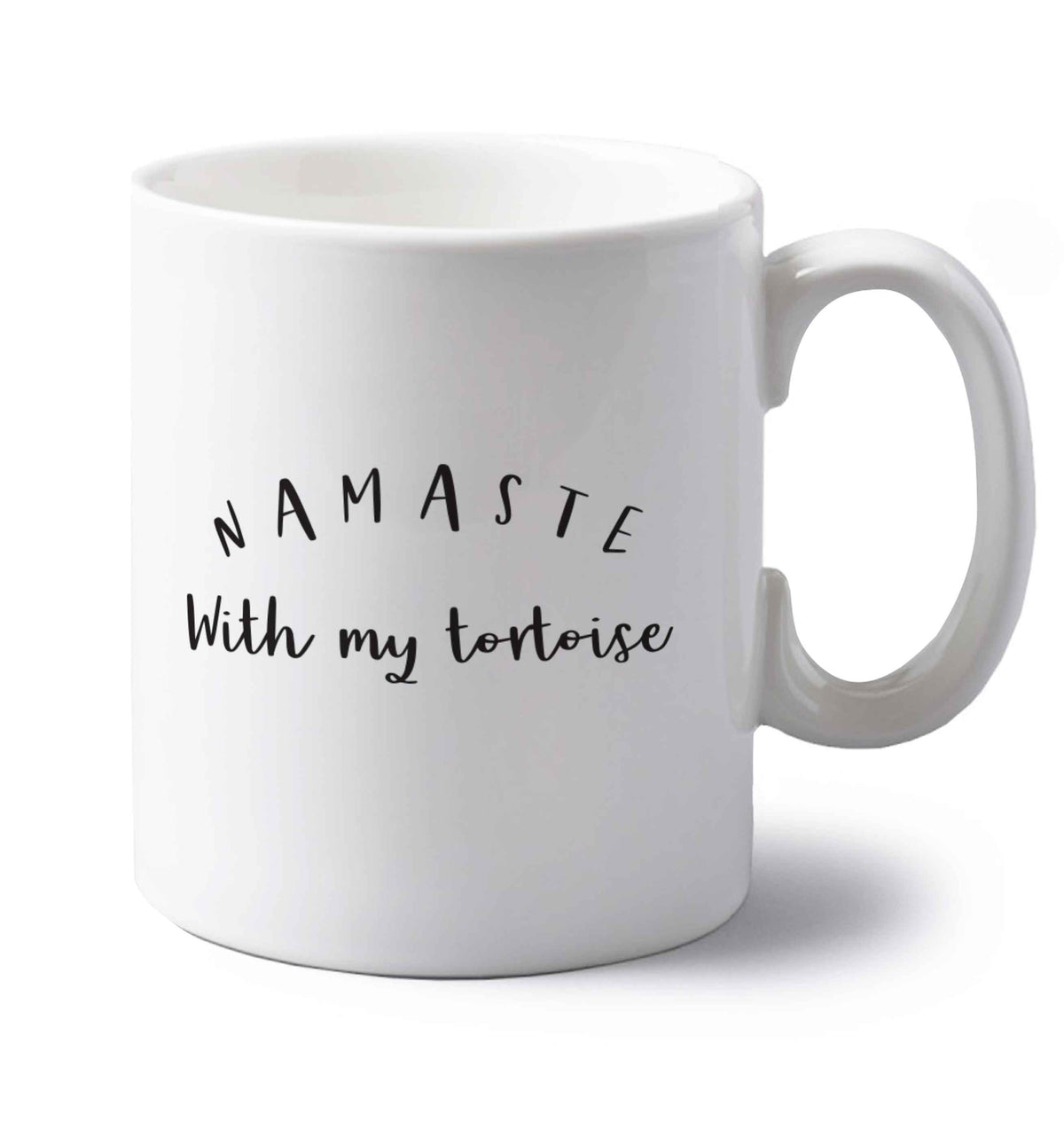 Namaste with my tortoise left handed white ceramic mug