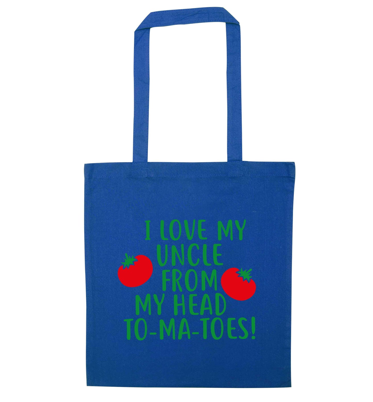 I love my uncle from my head To-Ma-Toes blue tote bag