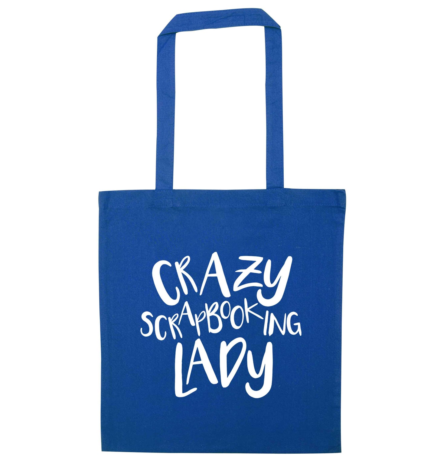 Crazy scrapbooking lady blue tote bag