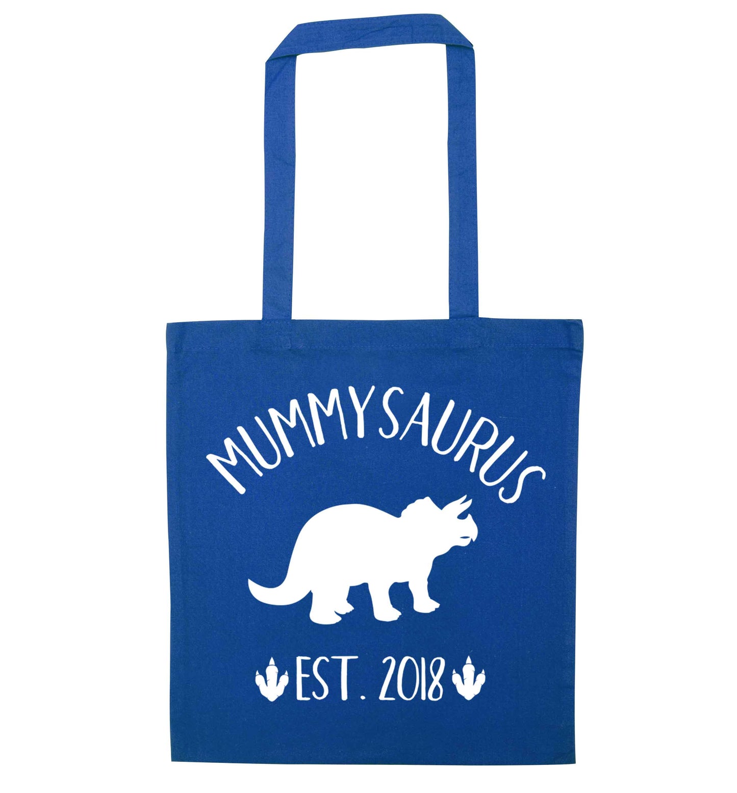 Personalised mummysaurus date blue tote bag