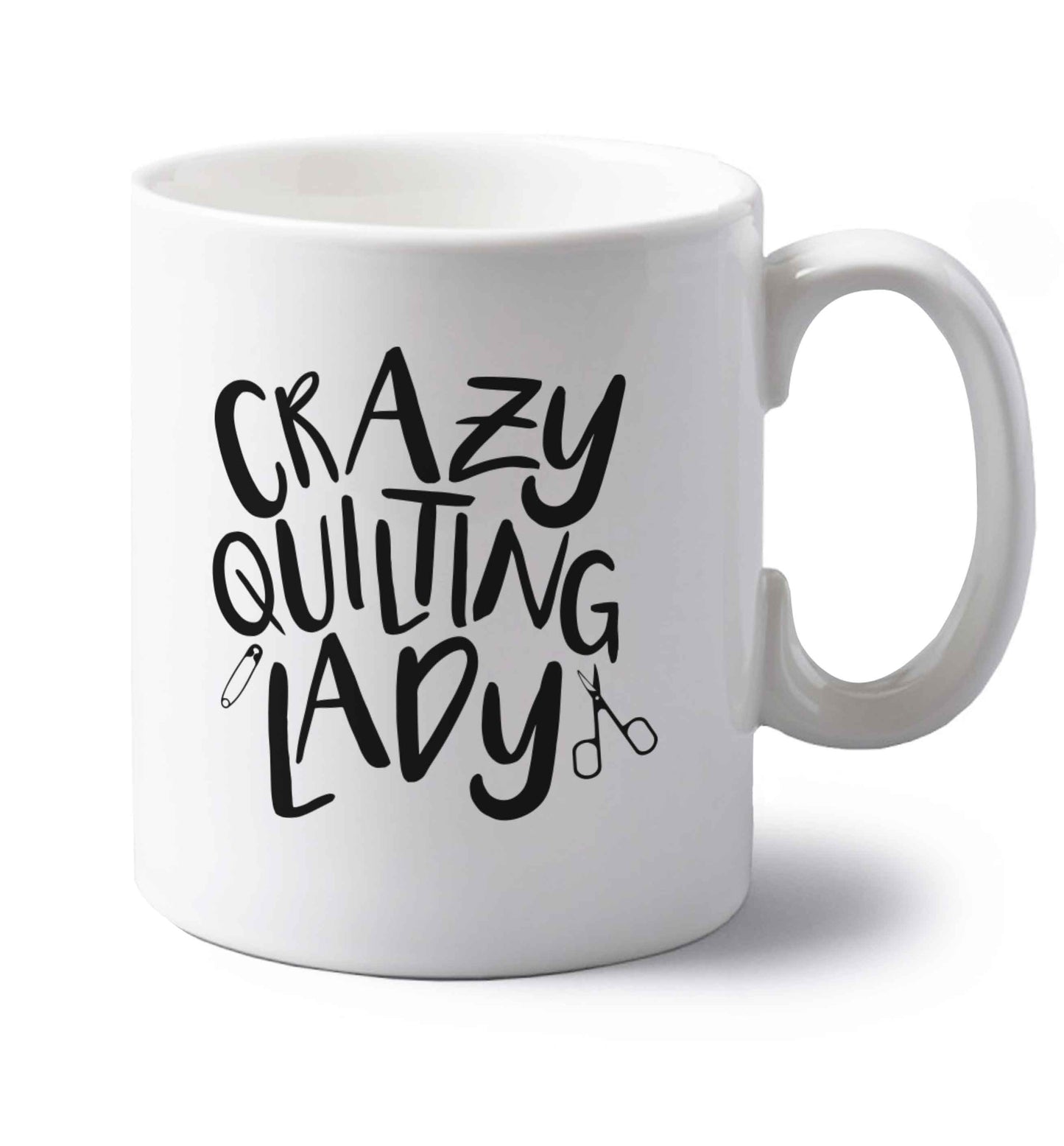 Crazy quilting lady left handed white ceramic mug