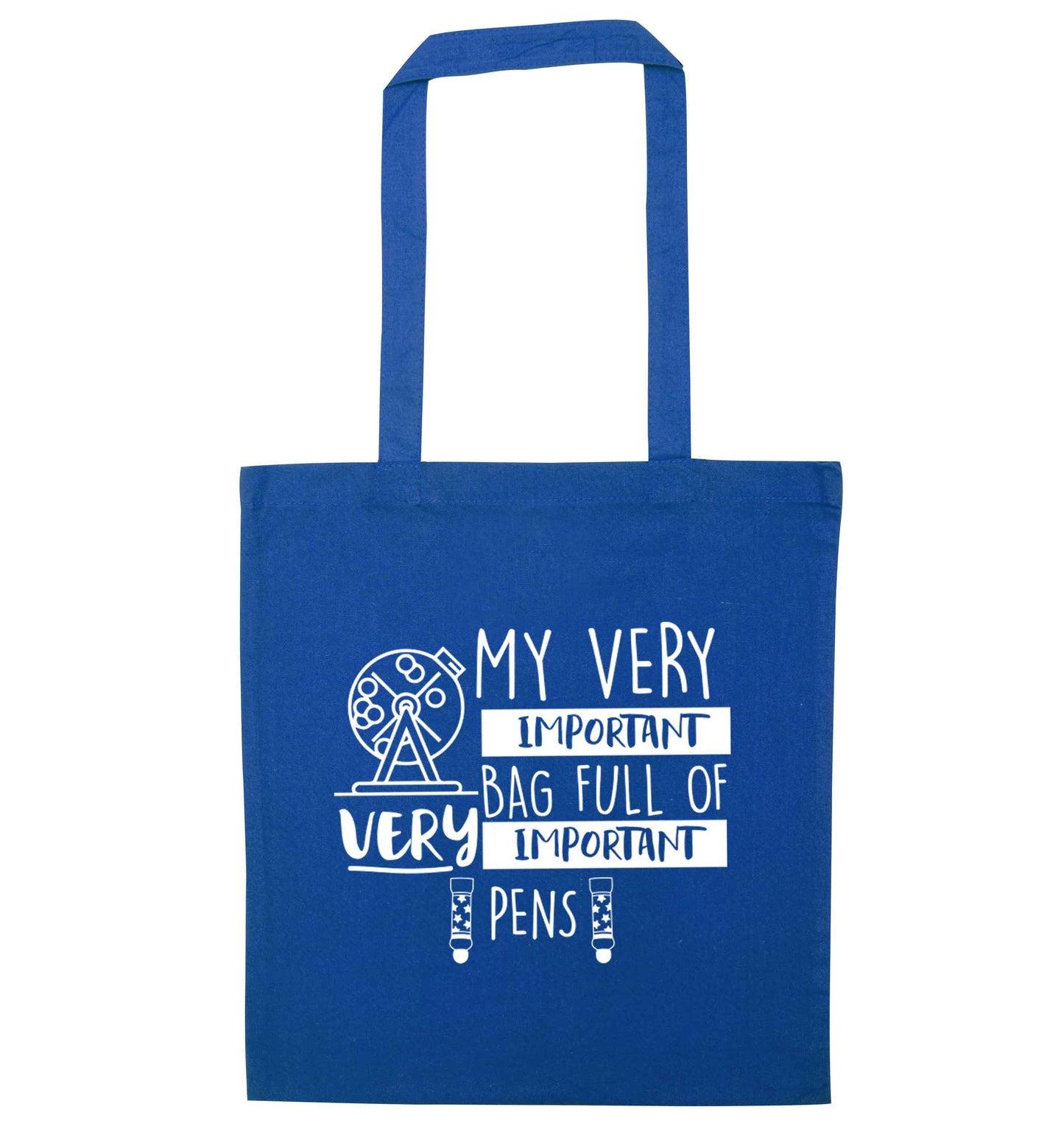 My very important bag full of very important pens blue tote bag