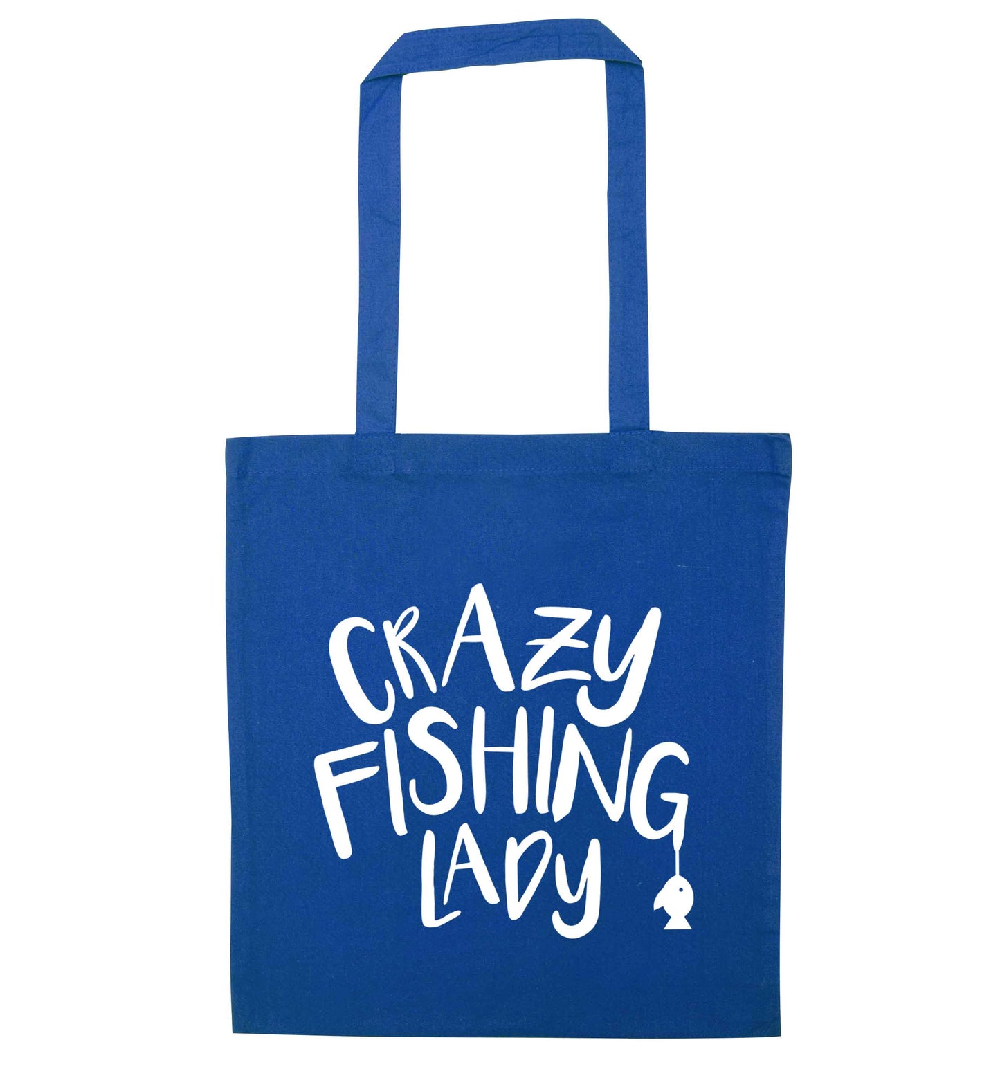 Crazy fishing lady blue tote bag