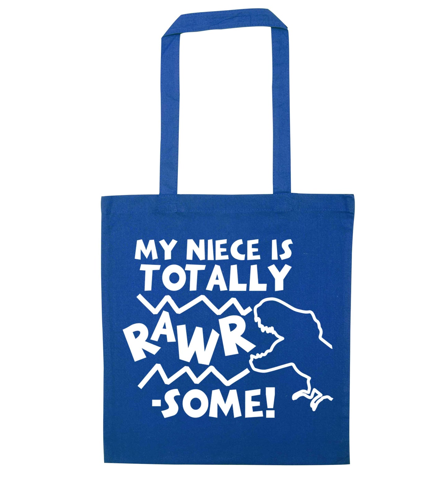 My niece is totally rawrsome blue tote bag