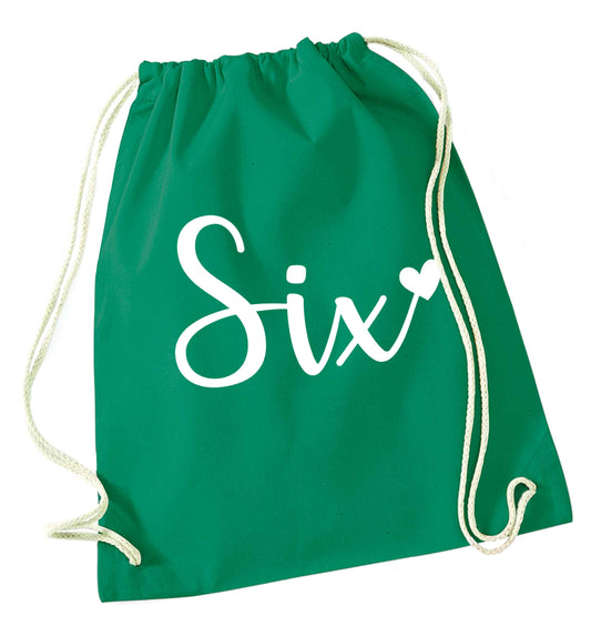 Six and heart! green drawstring bag