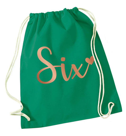 Six rose gold green drawstring bag
