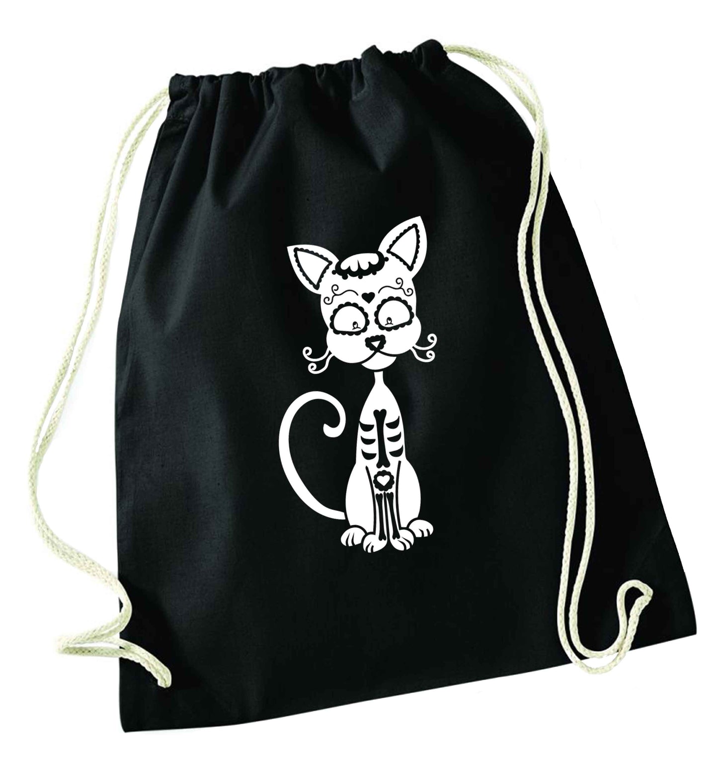 Cat sugar skull black drawstring bag