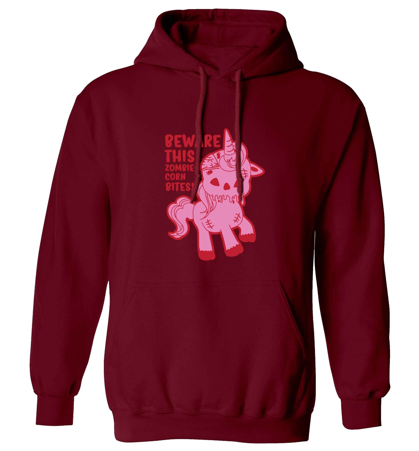 Beware this zombiecorn bites adults unisex maroon hoodie 2XL