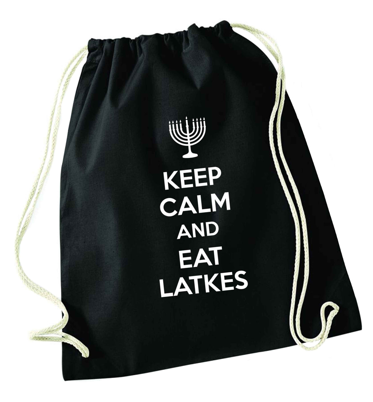Keep calm and eat latkes black drawstring bag