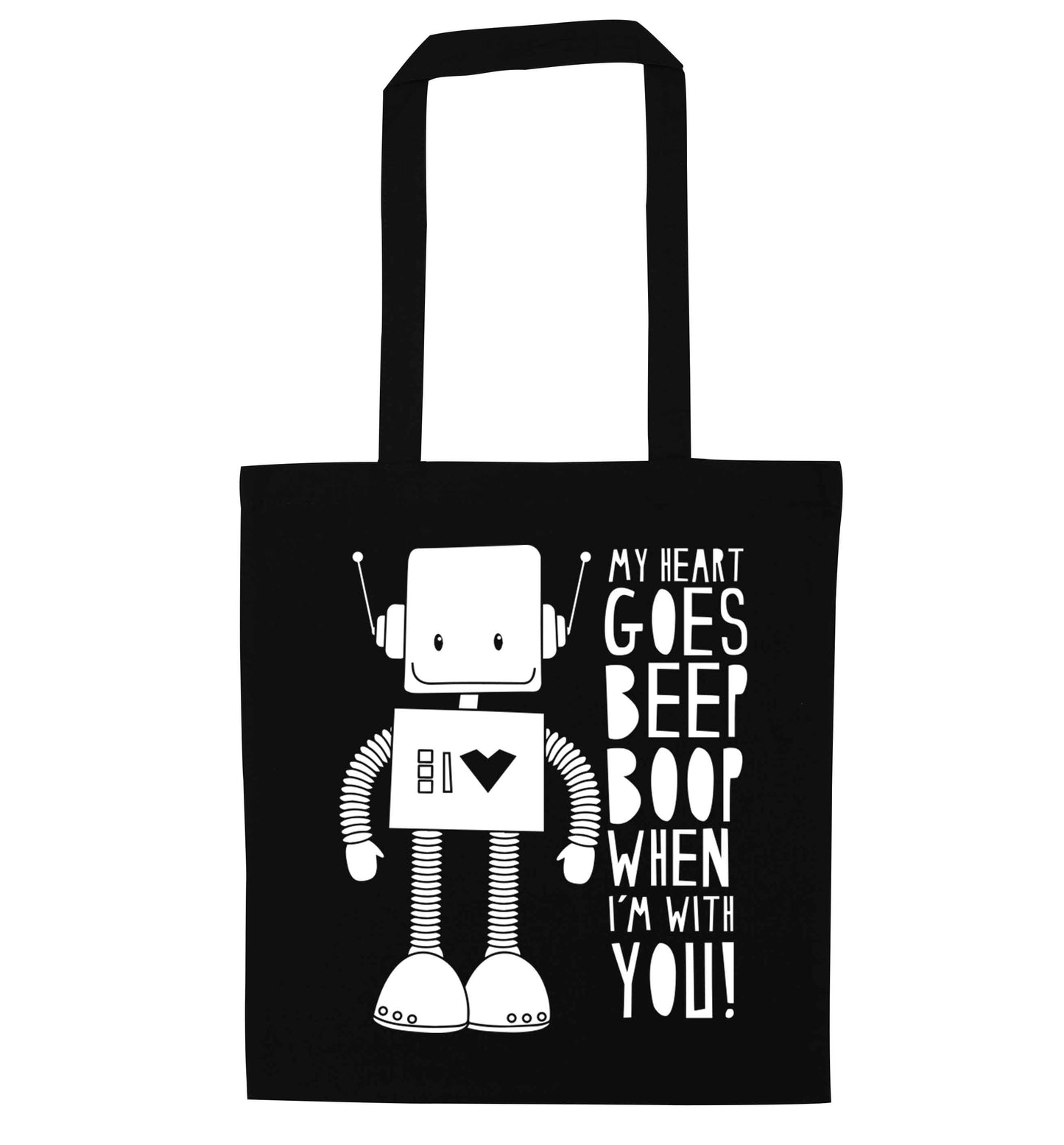 My heart goes beep boop when I'm with you black tote bag