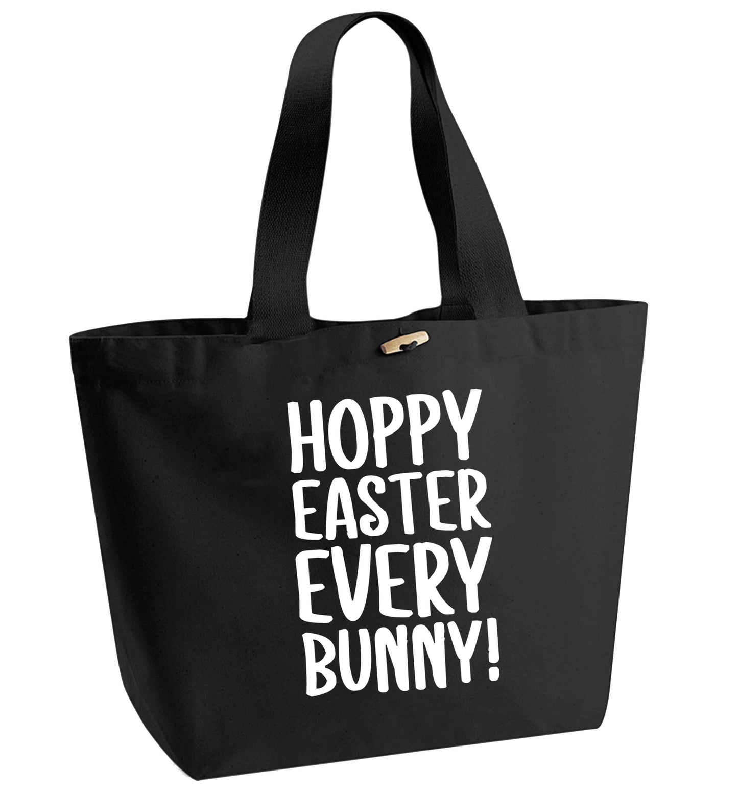 Hoppy Easter every bunny! organic cotton premium tote bag with wooden toggle in black