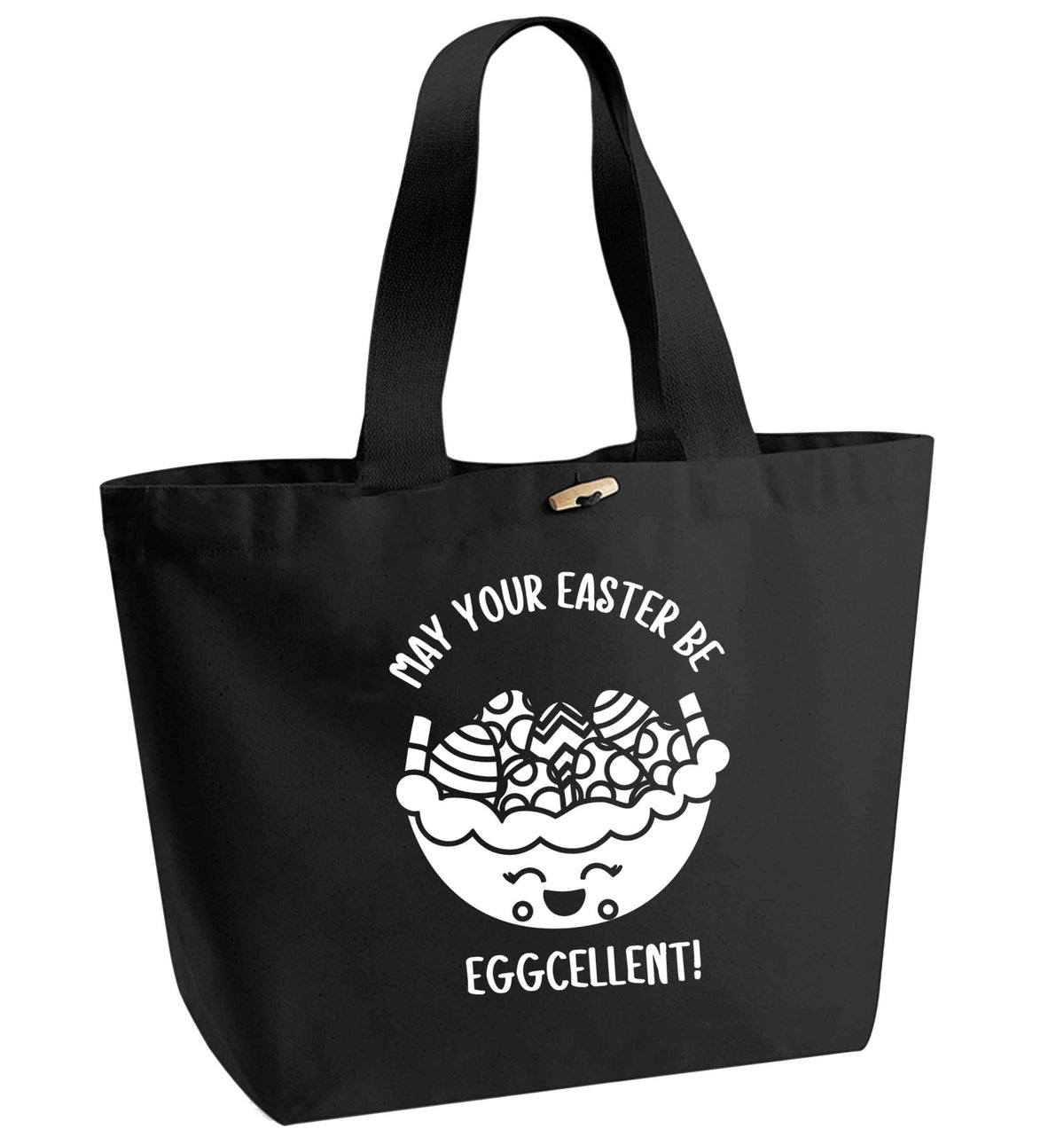 May your Easter be eggcellent organic cotton premium tote bag with wooden toggle in black