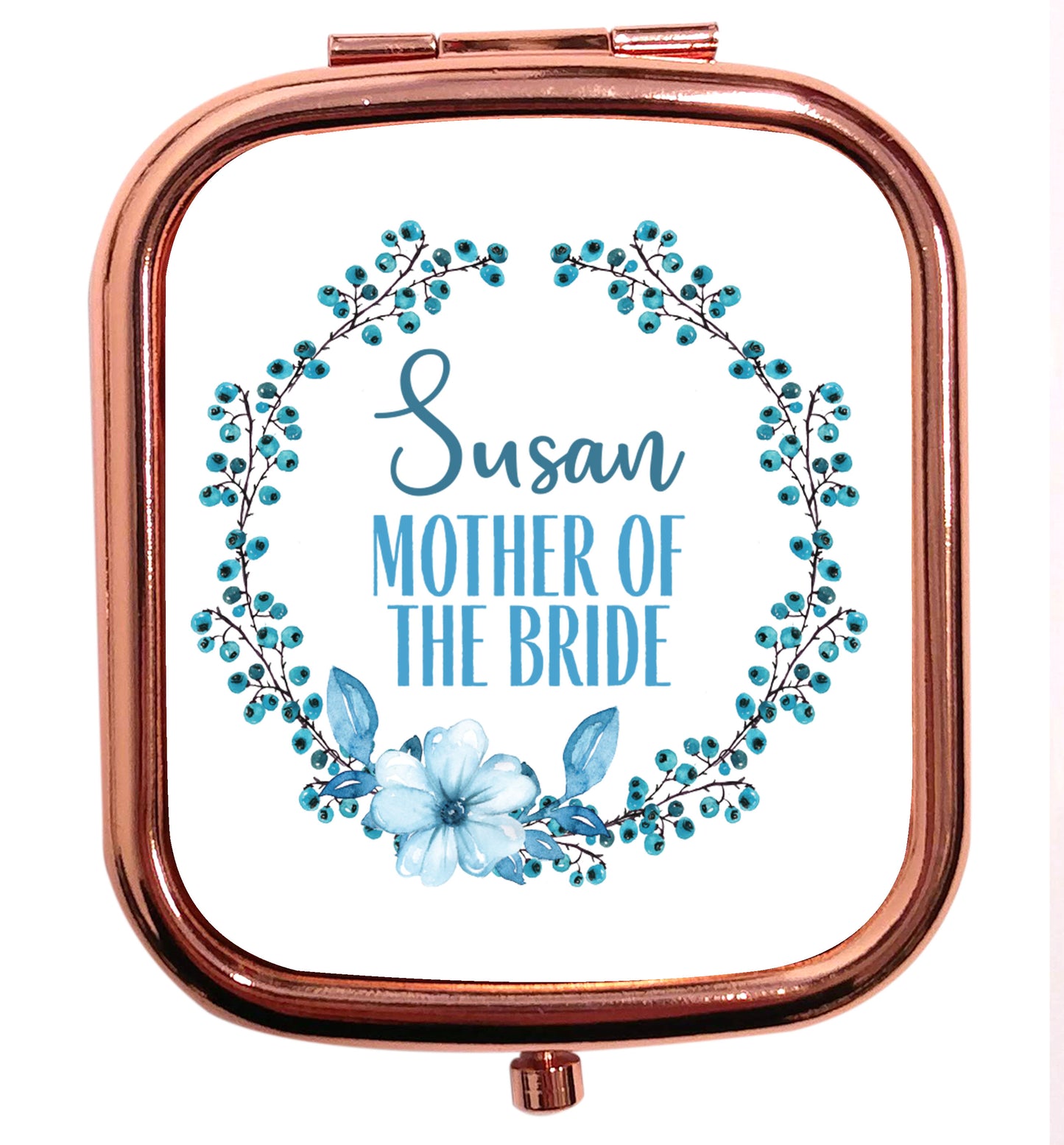 Perfect wedding guest favours or hen party gifts! Personalised bridal floral wreath designs, any name, any role! rose gold square pocket mirror