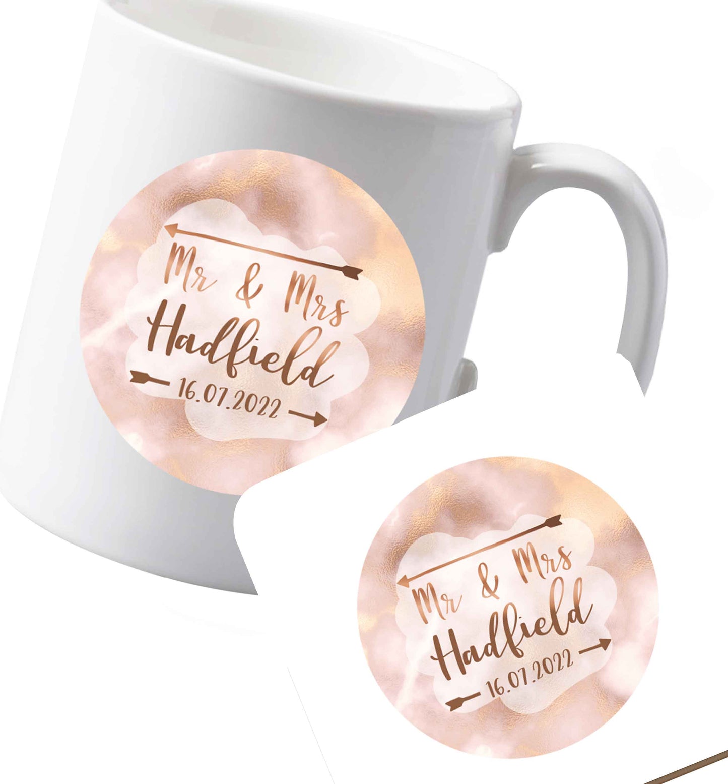 10 oz Ceramic mug and coaster Personalised Mr and Mrs wedding date! Ideal wedding favours! both sides