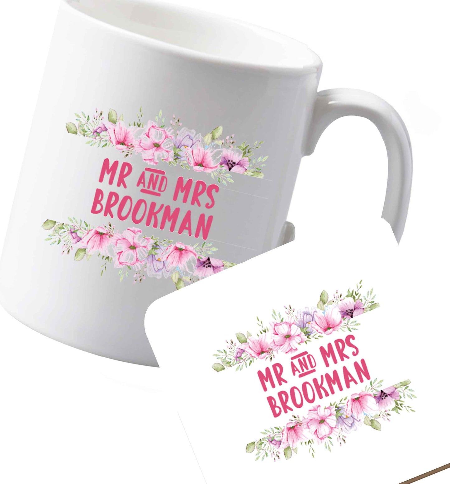 10 oz Ceramic mug and coaster Personalised Mr and Mrs wedding and date! Ideal wedding favours! both sides
