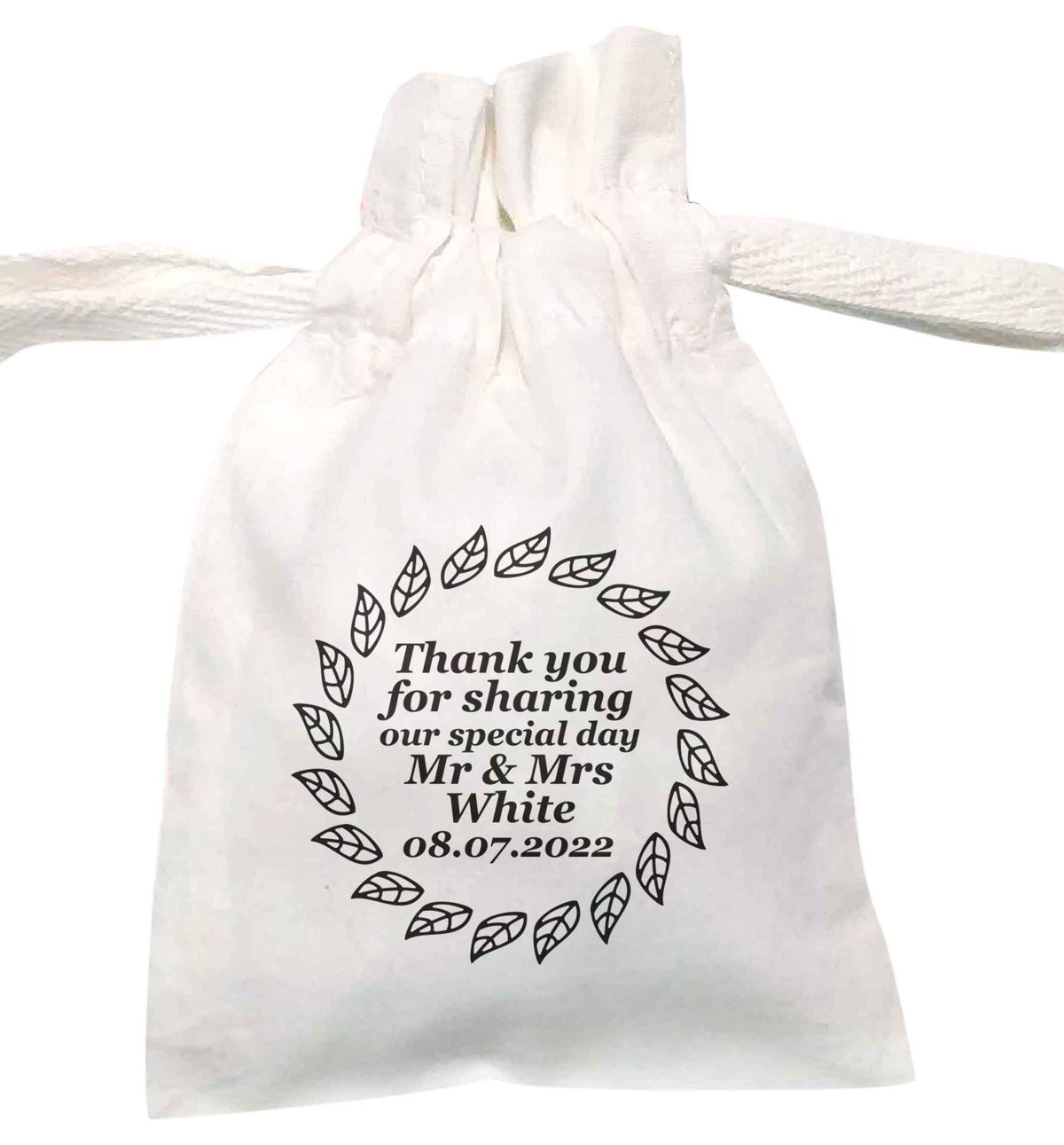 Thank you for sharing our special day Mr and Mrs leaf wreath | XS - L | Pouch / Drawstring bag / Sack | Organic Cotton | Bulk discounts available!