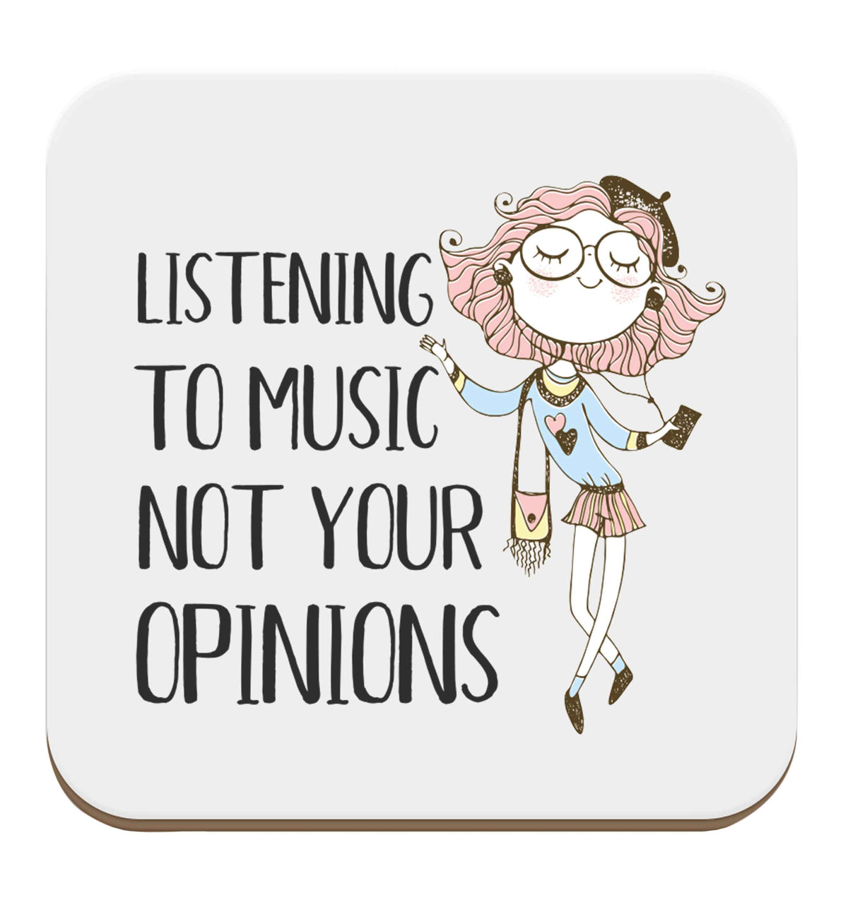 Listening to music not your opinions illustration set of four coasters