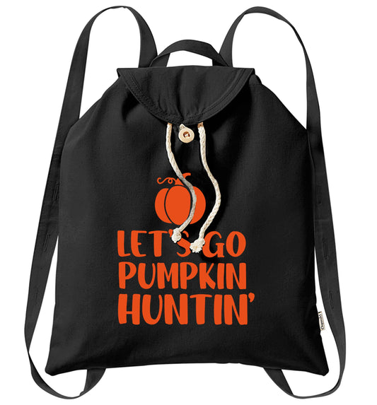Let's go Pumpkin Huntin'organic cotton backpack tote with wooden buttons in black