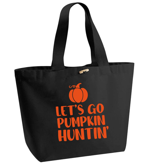 Let's go Pumpkin Huntin'organic cotton premium tote bag with wooden toggle in black