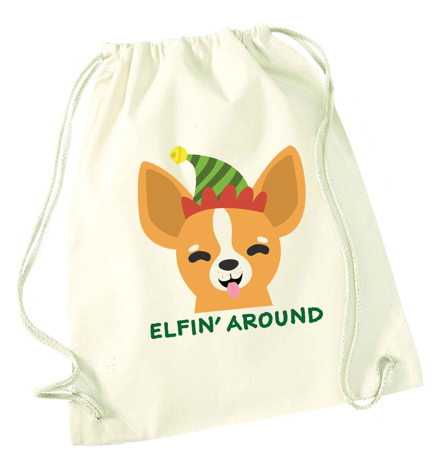 Elfin' around natural drawstring bag