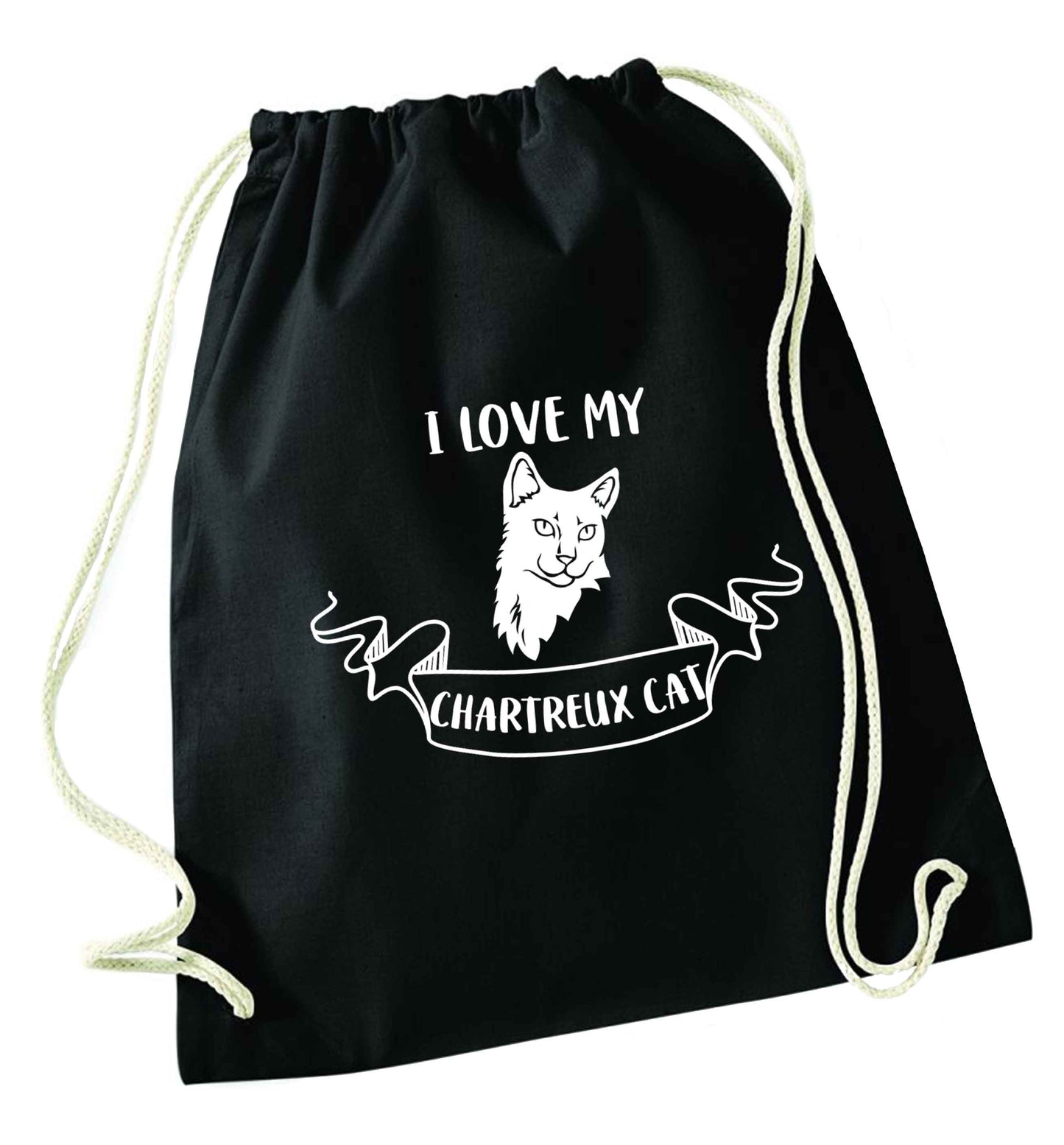 I love my chartreux cat black drawstring bag