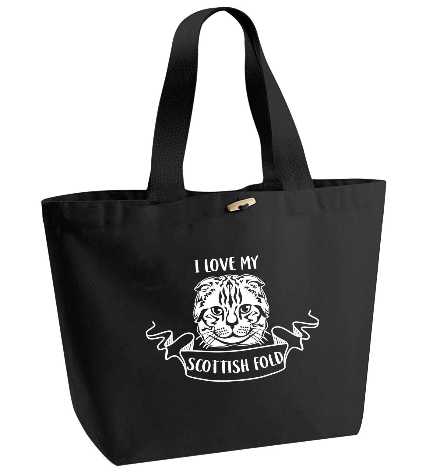 I love my scottish fold cat organic cotton premium tote bag with wooden toggle in black