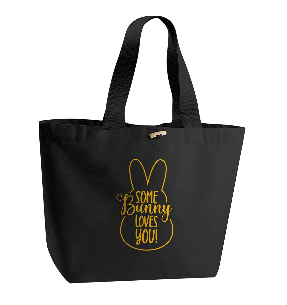 Some bunny loves you organic cotton premium tote bag with wooden toggle in black