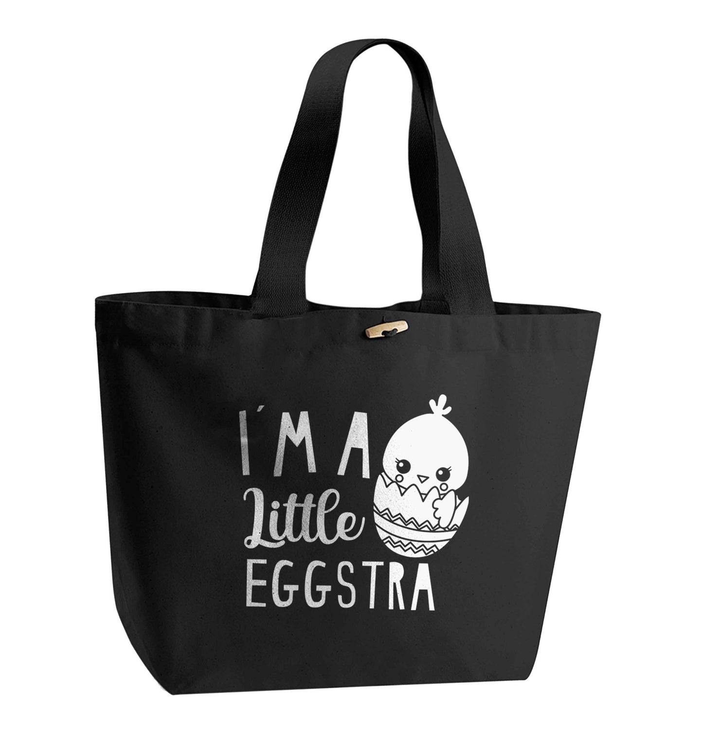 I'm a little eggstra organic cotton premium tote bag with wooden toggle in black