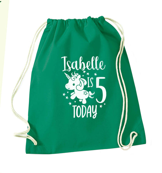 Today I am - Personalise with any name or age! Birthday unicorn green drawstring bag