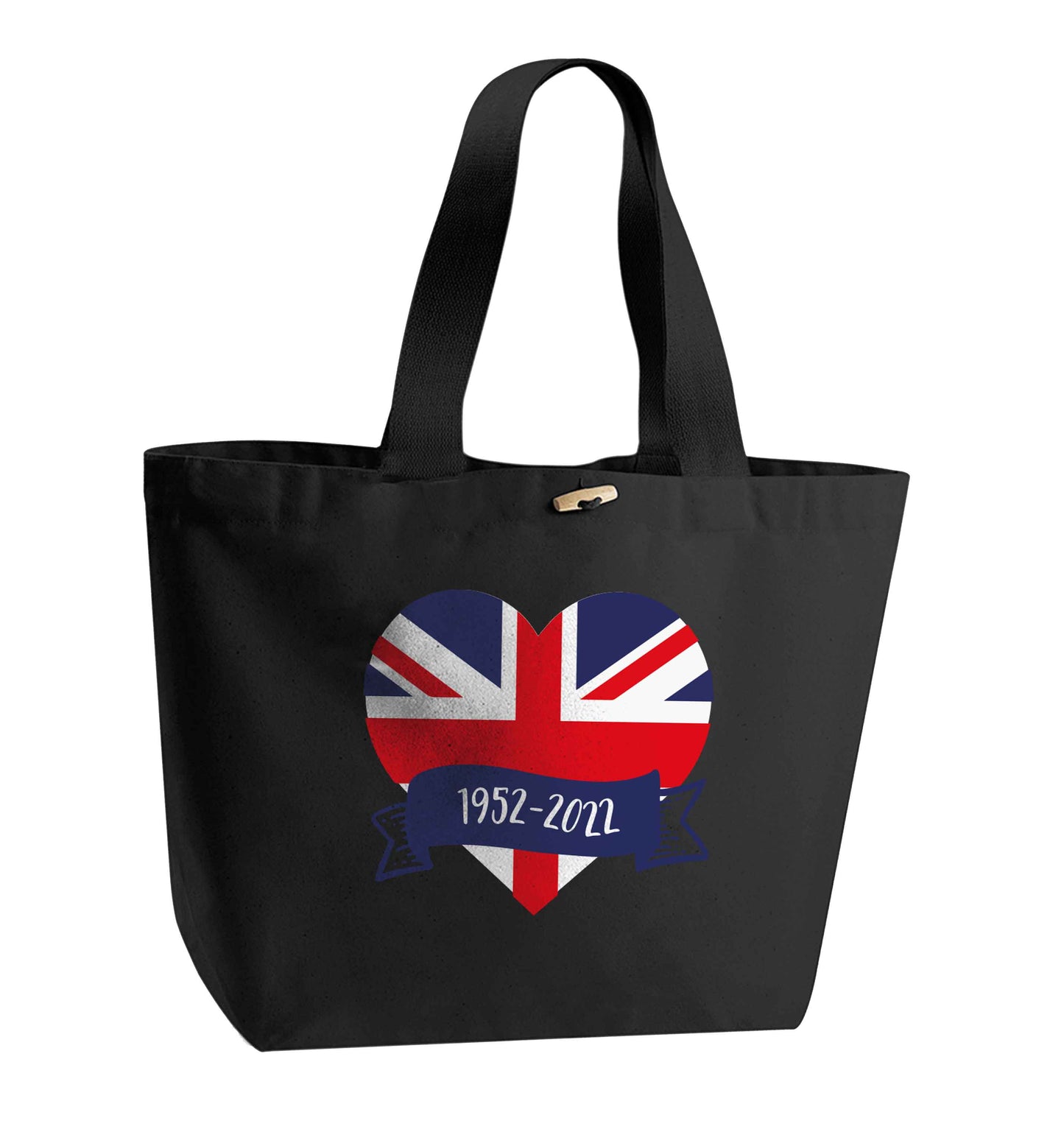 British flag heart Queens jubilee organic cotton premium tote bag with wooden toggle in black