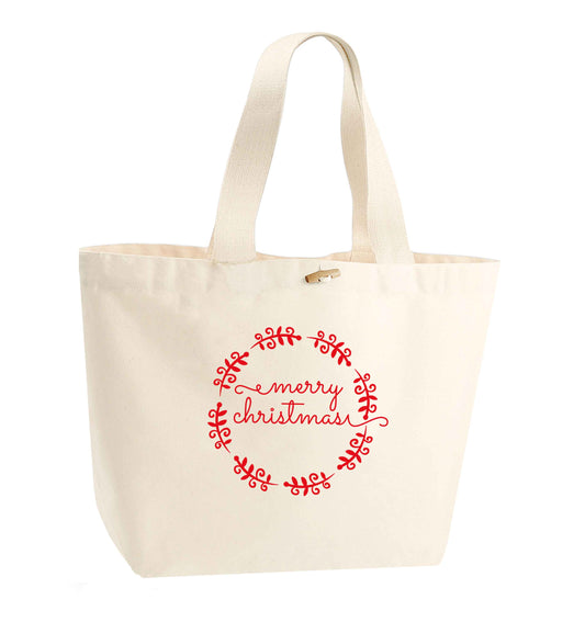 Merry christmas organic cotton premium tote bag with wooden toggle in natural
