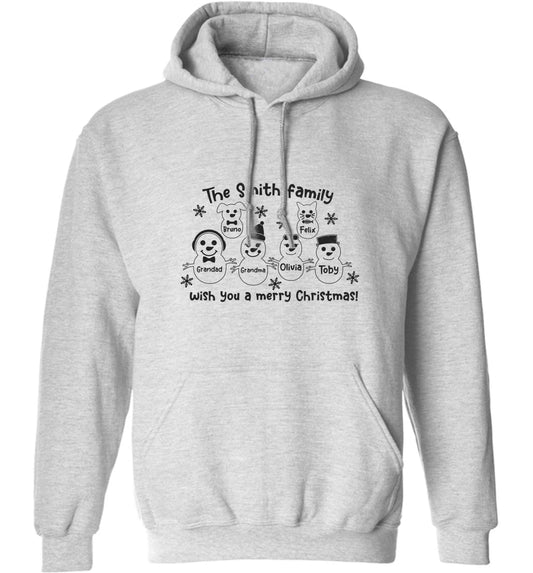 Personalised snowman family grandma grandad cat dog adults unisex grey hoodie 2XL