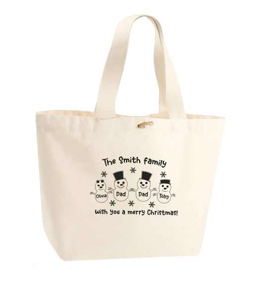 Personalised snowman family two dads organic cotton premium tote bag with wooden toggle in natural