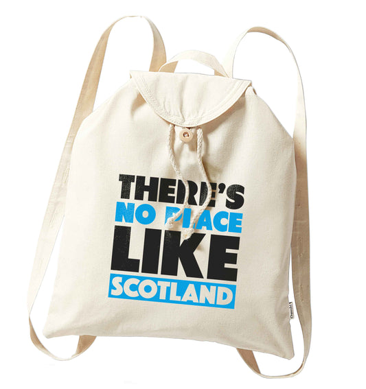 There's no place like Scotland organic cotton backpack tote with wooden buttons in natural