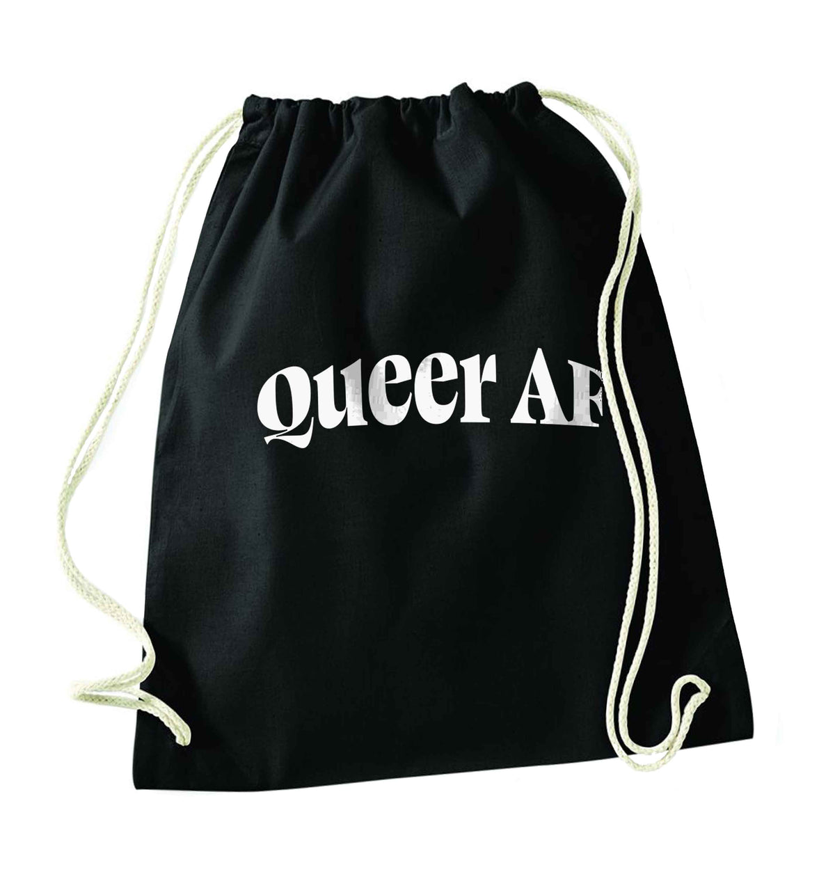 Queer AF black drawstring bag