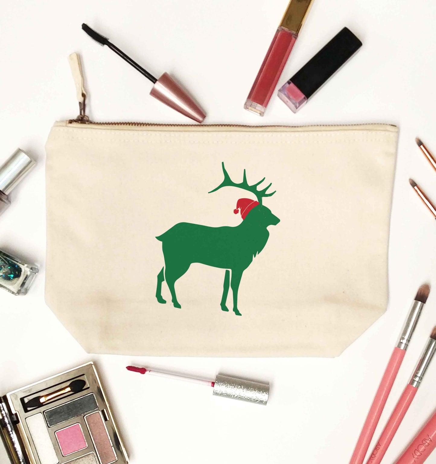 Green stag Santa natural makeup bag