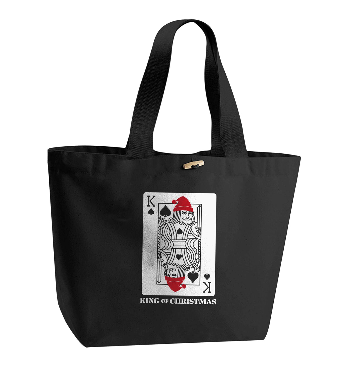 King of christmas organic cotton premium tote bag with wooden toggle in black